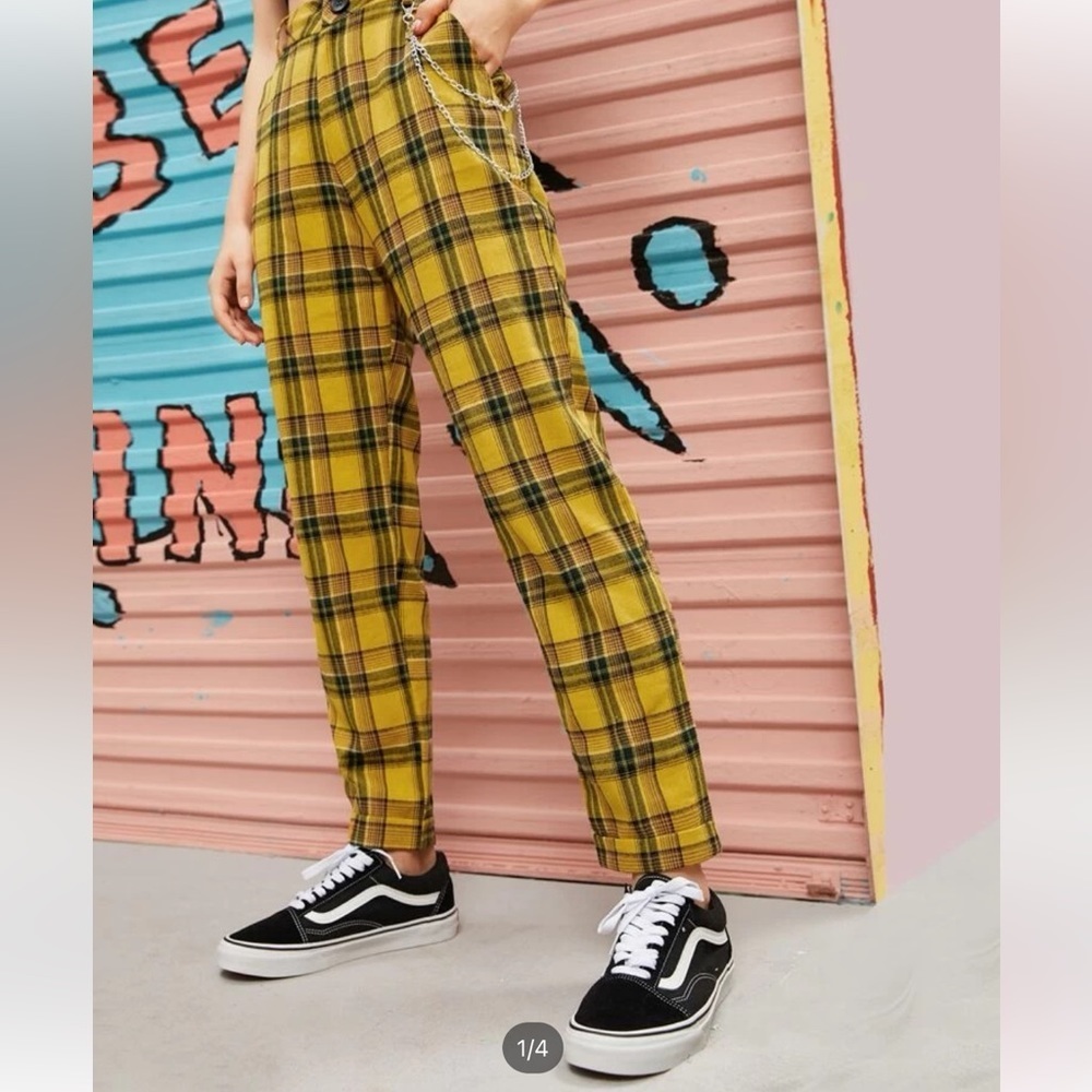 Shein yellow checkered pants with chain